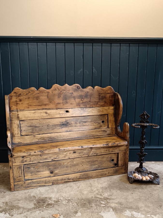 Slim Antique Country Pine Elm Settle Hall Bench (9).jpg